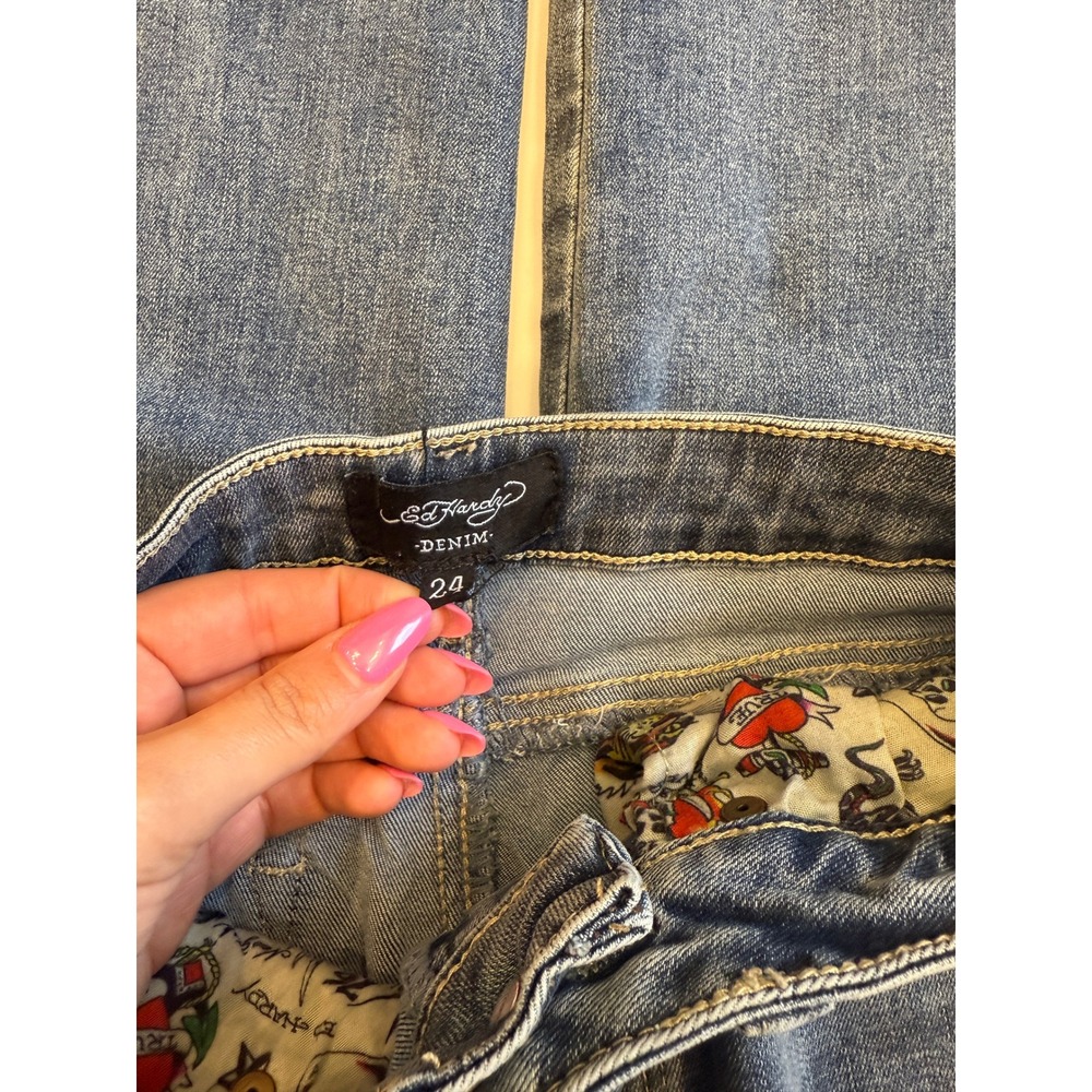 Ed Hardy Wide Leg Denim Jeans Blue Tattoo Graphic Embroidered Size 24 Y2K - Picture 5 of 7